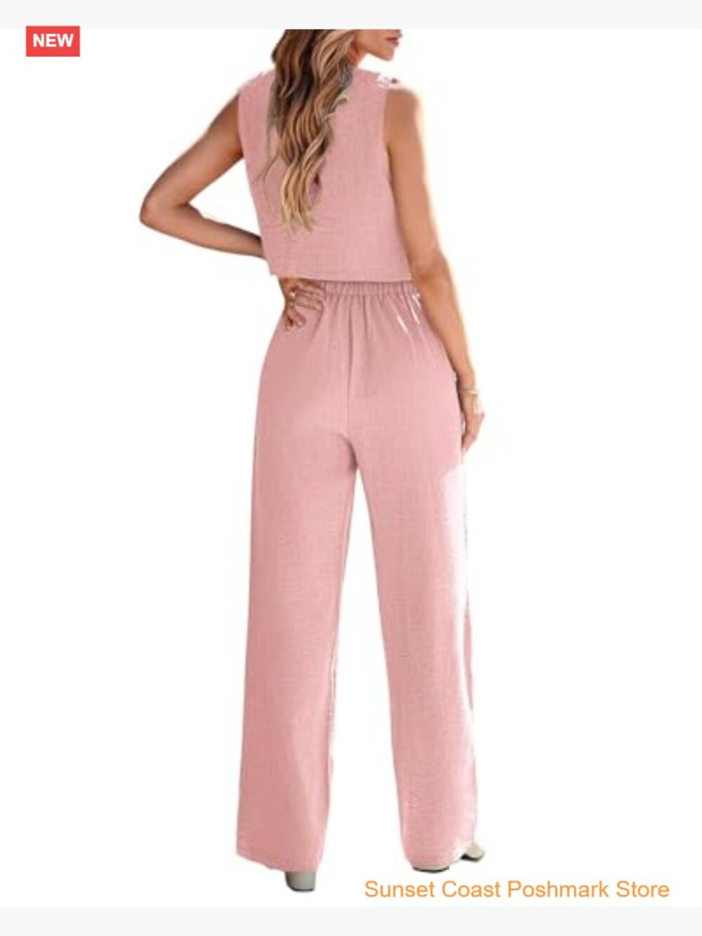 Two Piece Summer Blazer Vest Wide Leg Pants Set Office Business Casual Suit - Picture 2 of 7